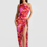Party Print Two Piece One Shoulder Crop Top High Split Skirts Summer Midi Dress