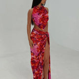 Party Print Two Piece One Shoulder Crop Top High Split Skirts Summer Midi Dress