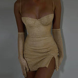 Glitter Spaghetti Strap Summer Strapless Nightclub Slim Split Sexy Party Mini Dress
