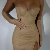 Glitter Spaghetti Strap Summer Strapless Nightclub Slim Split Sexy Party Mini Dress