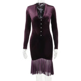 Single Velvet Slim Bodycon Mini Autumn Winter Ruffles Nightclub Sexy Midi Dress