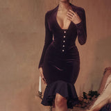 Single Velvet Slim Bodycon Mini Autumn Winter Ruffles Nightclub Sexy Midi Dress