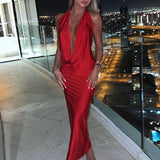 Bodycon Midi Long Spring Summer Halter Deep V Neck Backless Nightclub Sexy Party Maxi Dress