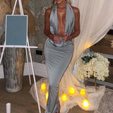 Bodycon Midi Long Spring Summer Halter Deep V Neck Backless Nightclub Sexy Party Maxi Dress