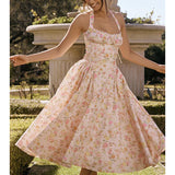 Waist Wrap Print A-line Long Halter Spring Summer Backless Sexy Midi Dress