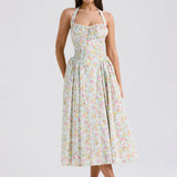 Waist Wrap Print A-line Long Halter Spring Summer Backless Sexy Midi Dress