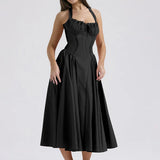Waist Wrap Print A-line Long Halter Spring Summer Backless Sexy Midi Dress