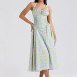 Waist Wrap Print A-line Long Halter Spring Summer Backless Sexy Midi Dress