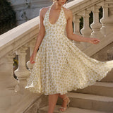 Waist Wrap Print A-line Long Halter Spring Summer Backless Sexy Midi Dress