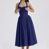 Waist Wrap Print A-line Long Halter Spring Summer Backless Sexy Midi Dress