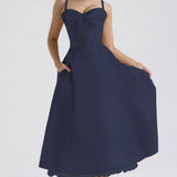 Waist Wrap Print A-line Long Spaghetti Strap Spring Summer Backless Midi Dress