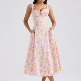 Waist Wrap Print A-line Long Spaghetti Strap Spring Summer Backless Midi Dress