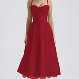Waist Wrap Print A-line Long Spaghetti Strap Spring Summer Backless Midi Dress