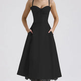 Waist Wrap Print A-line Long Spaghetti Strap Spring Summer Backless Midi Dress