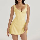 V-Neck Spaghetti Backless Lace Strap A-line Club Party Mini Dress