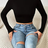 Turtle Neck Long Sleeve Solid Crop Top