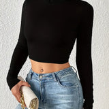 Turtle Neck Long Sleeve Solid Crop Top