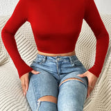 Turtle Neck Long Sleeve Solid Crop Top
