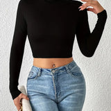 Turtle Neck Long Sleeve Solid Crop Top