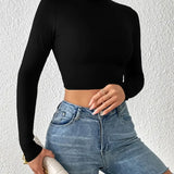 Turtle Neck Long Sleeve Solid Crop Top