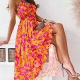 Spaghetti Strap V-neck Chiffon Irregular Ruffled Dress