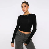 Vintage Bustier Spring Solid Long Sleeve Round Neck Women's T-shirt