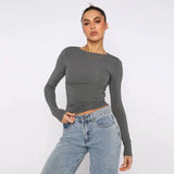 Vintage Bustier Spring Solid Long Sleeve Round Neck Women's T-shirt