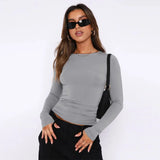 Vintage Bustier Spring Solid Long Sleeve Round Neck Women's T-shirt