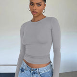 Vintage Bustier Spring Solid Long Sleeve Round Neck Women's T-shirt