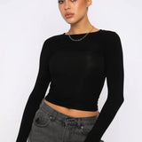 Vintage Bustier Spring Solid Long Sleeve Round Neck Women's T-shirt