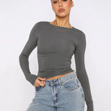 Vintage Bustier Spring Solid Long Sleeve Round Neck Women's T-shirt
