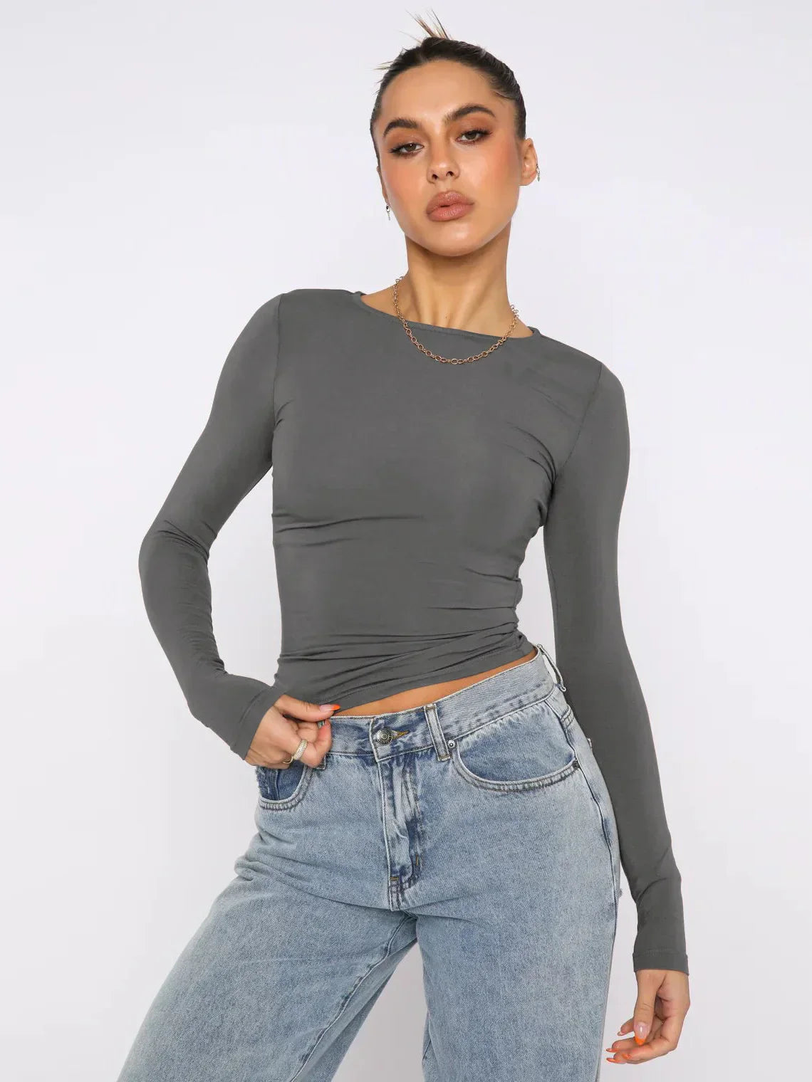Vintage Bustier Spring Solid Long Sleeve Round Neck Women's T-shirt