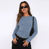 Vintage Bustier Spring Solid Long Sleeve Round Neck Women's T-shirt