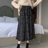Vintage A-line Pleated Drawstring Elastic Waist Midi Skirt