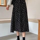 Vintage A-line Pleated Drawstring Elastic Waist Midi Skirt