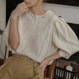 Vintage French Business Summer Fashion Lantern Sleeve Round Neck Office Lady Embroidered Blouse
