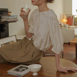 Vintage French Business Summer Fashion Lantern Sleeve Round Neck Office Lady Embroidered Blouse