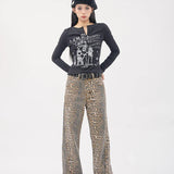 Vintage Leopard Print Wide Leg Panther Denim Jeans