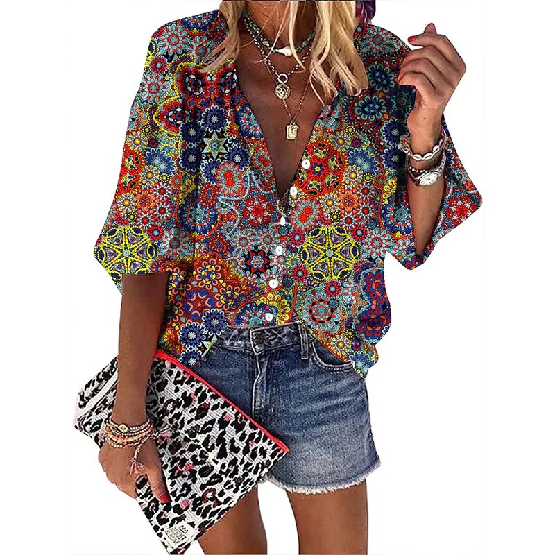 Vintage Loose Stamens Print Blouses