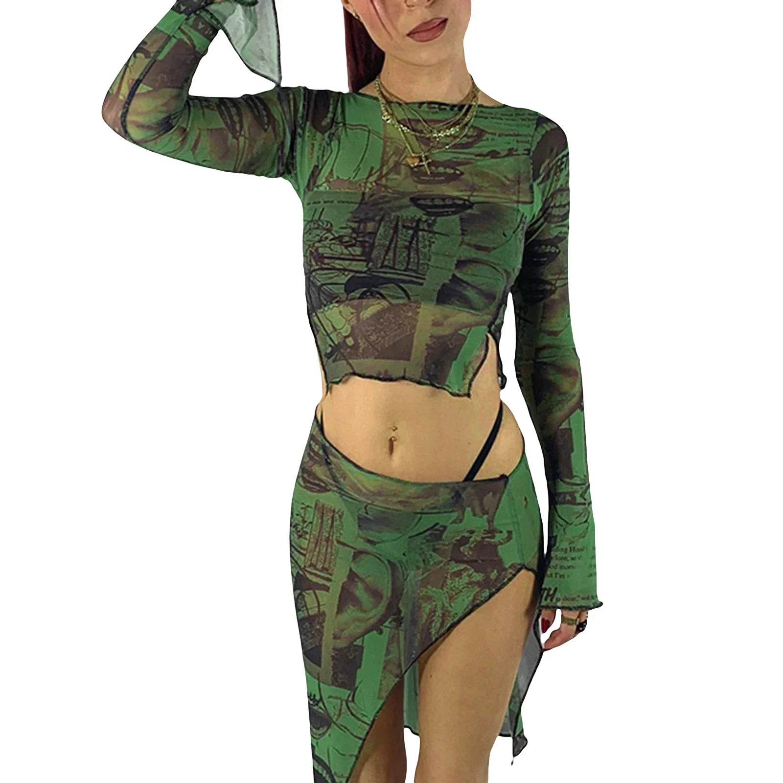 Vintage Mesh Sleeve Y2K Print Slim Fit Crop Top Streetwear Crop Top