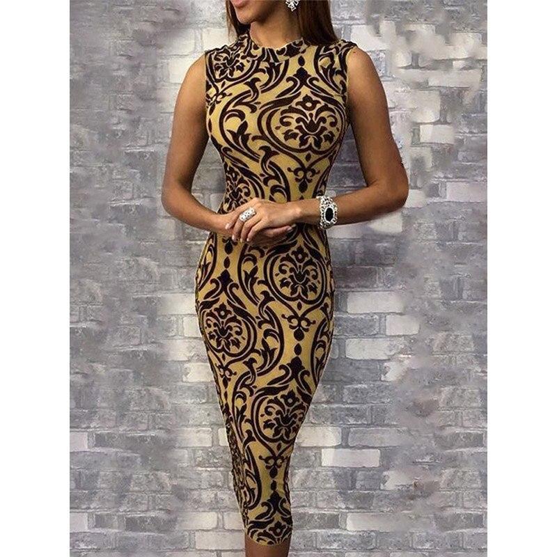 Vintage flower print bodycon midi dress Women sleeveless slim fit pencil summer dress Elegant party dresses vestidos verano 2019