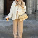 White O Neck Loose Knitted For Women Fashion Long Sleeves Oversize Sweater