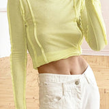White O-Neck Yellow Long Sleeve Fall Slim Elastic Solid Crop Tops