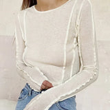 White O-Neck Yellow Long Sleeve Fall Slim Elastic Solid Crop Tops