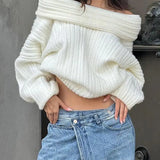 White Off Shoulder Backless Pleat Striped Loose Long Sleeve Fashion Ladies Party Sweater