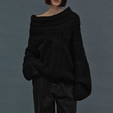 White Off Shoulder Backless Pleat Striped Loose Long Sleeve Fashion Ladies Party Sweater