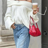White Off Shoulder Backless Pleat Striped Loose Long Sleeve Fashion Ladies Party Sweater
