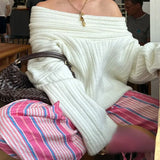 White Off Shoulder Backless Pleat Striped Loose Long Sleeve Fashion Ladies Party Sweater