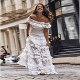 White Prom Dresses Lace Off Shoulder Ruffles Midi Dresses