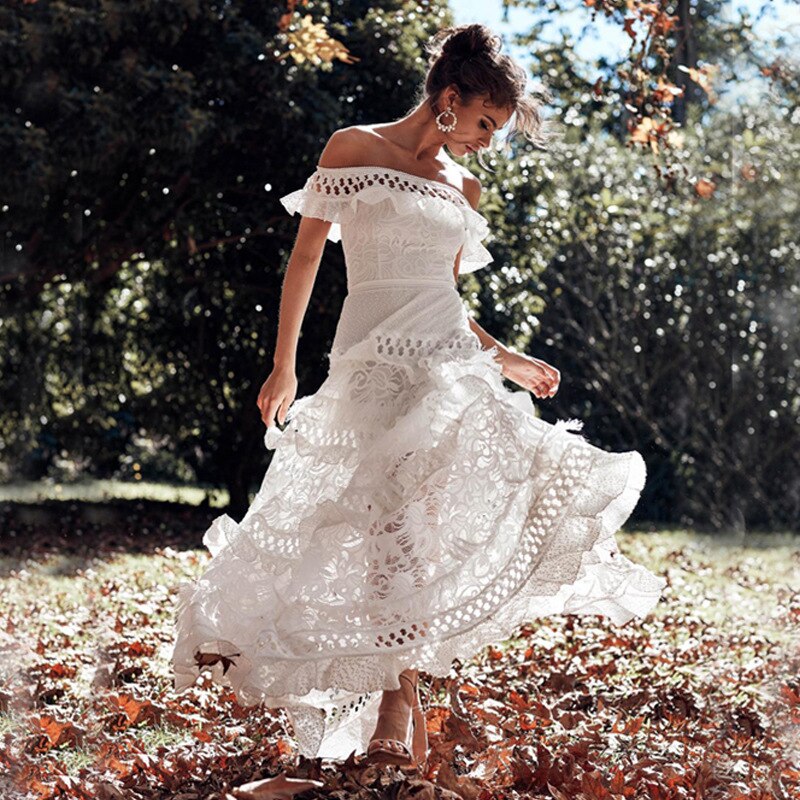 White Prom Dresses Lace Off Shoulder Ruffles Midi Dresses